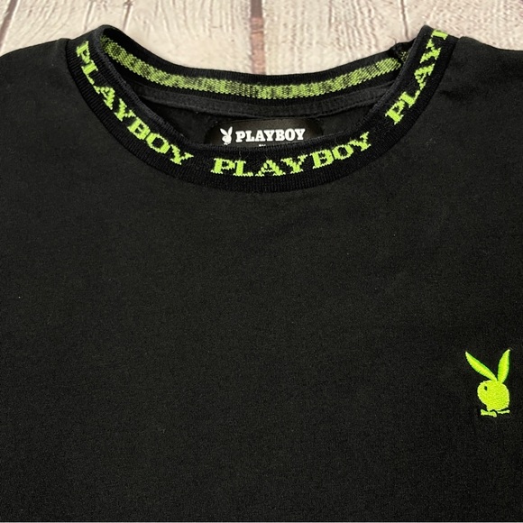 PLAYBOY by PACSUN black cotton t-shirt with neon green trim and logo, size L - Picture 5 of 12